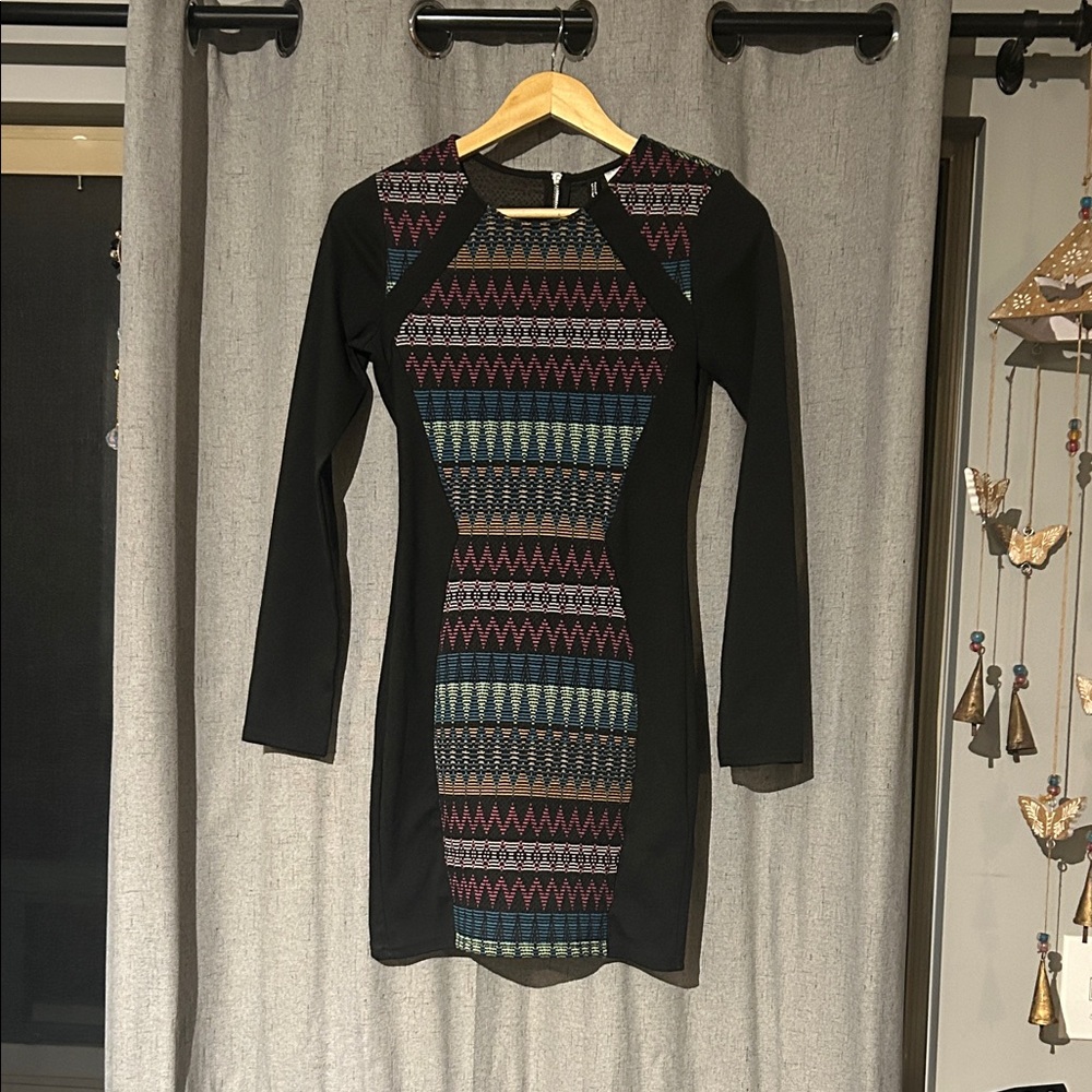 H&M Black Dress with Multicolor Geometric Pattern